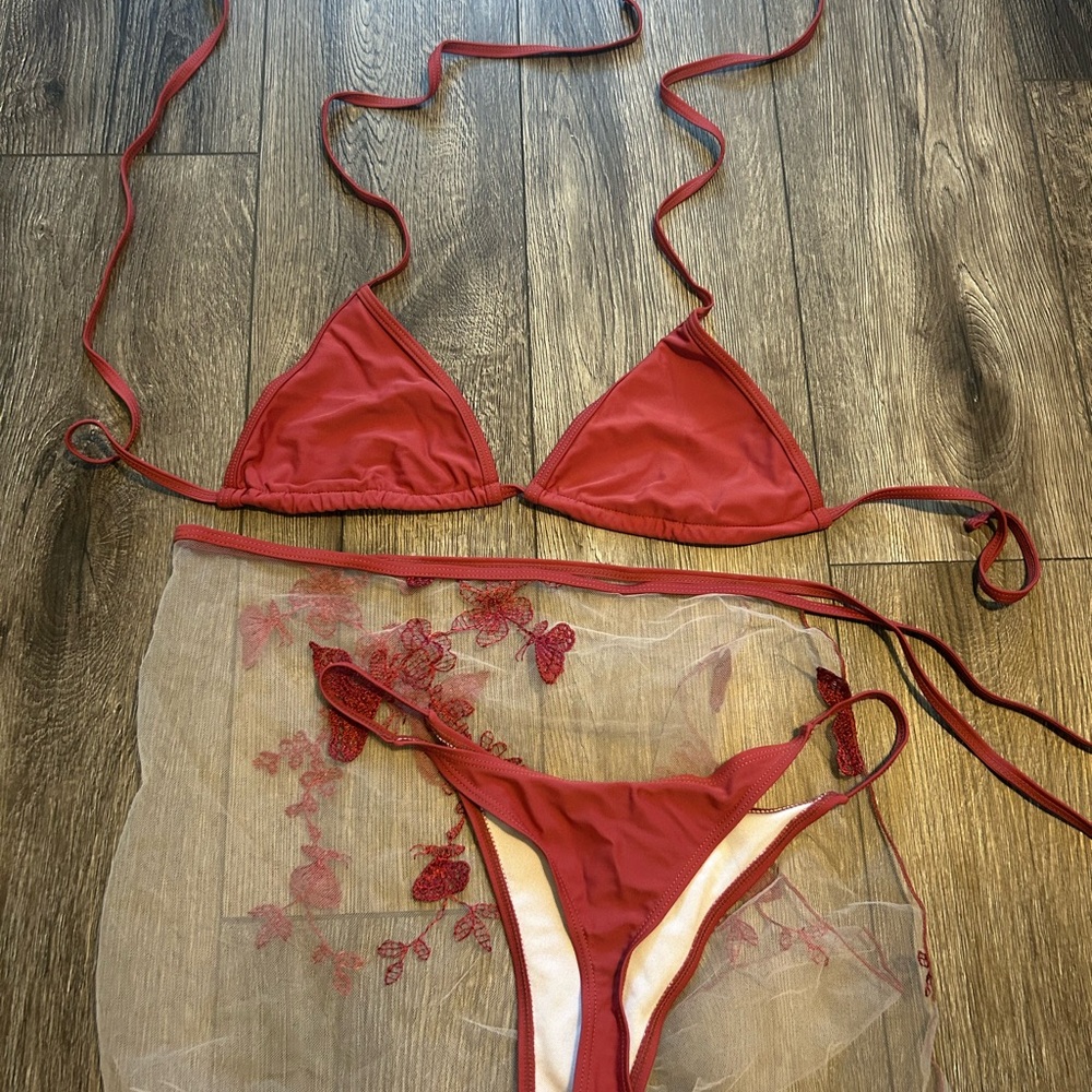 Elegant Red Bikini Set with Sheer Floral Skirt